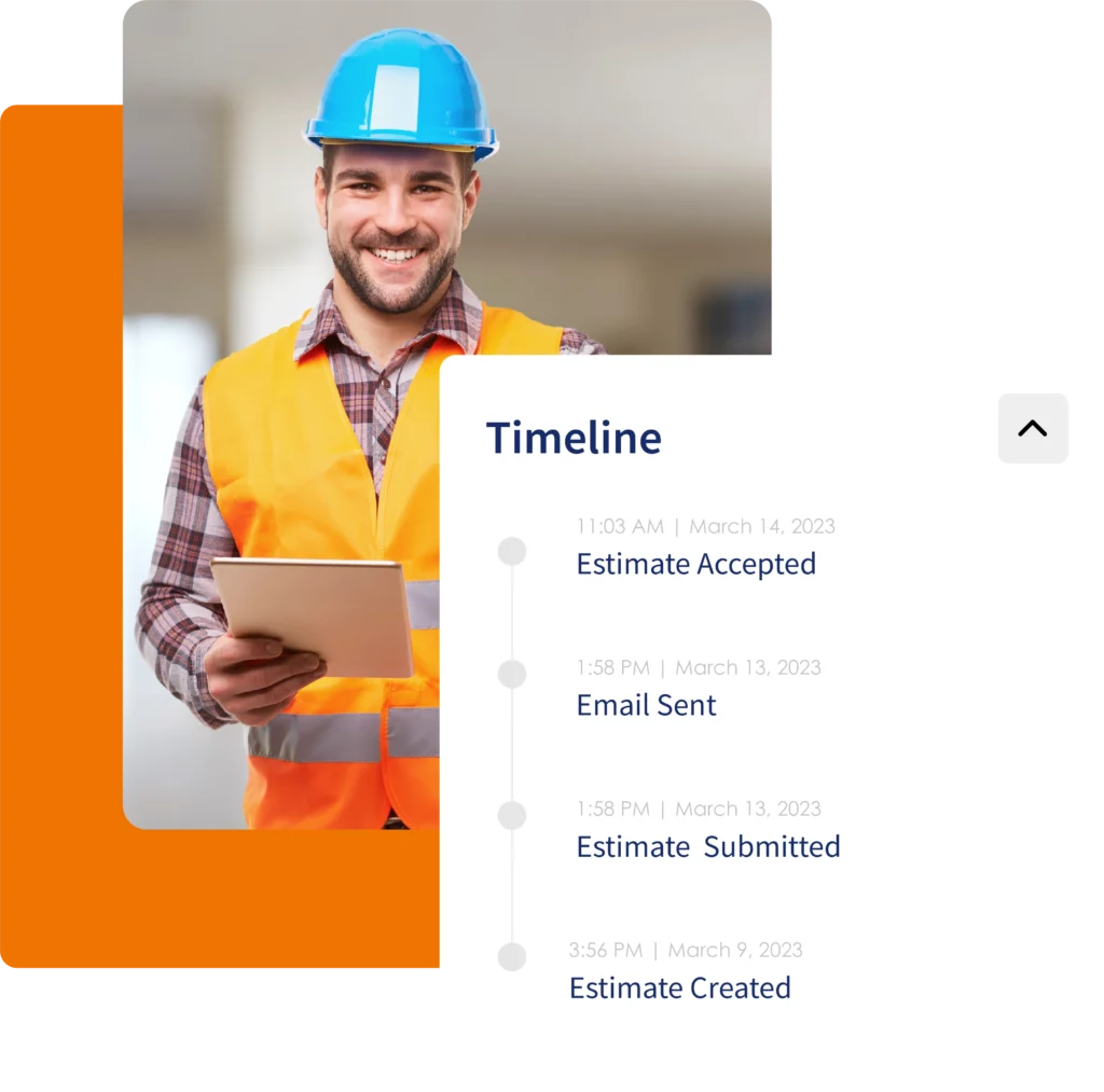 Construction worker utilizing construction cost estimator, with an illustration of an estimate timeline from creation to acceptance.