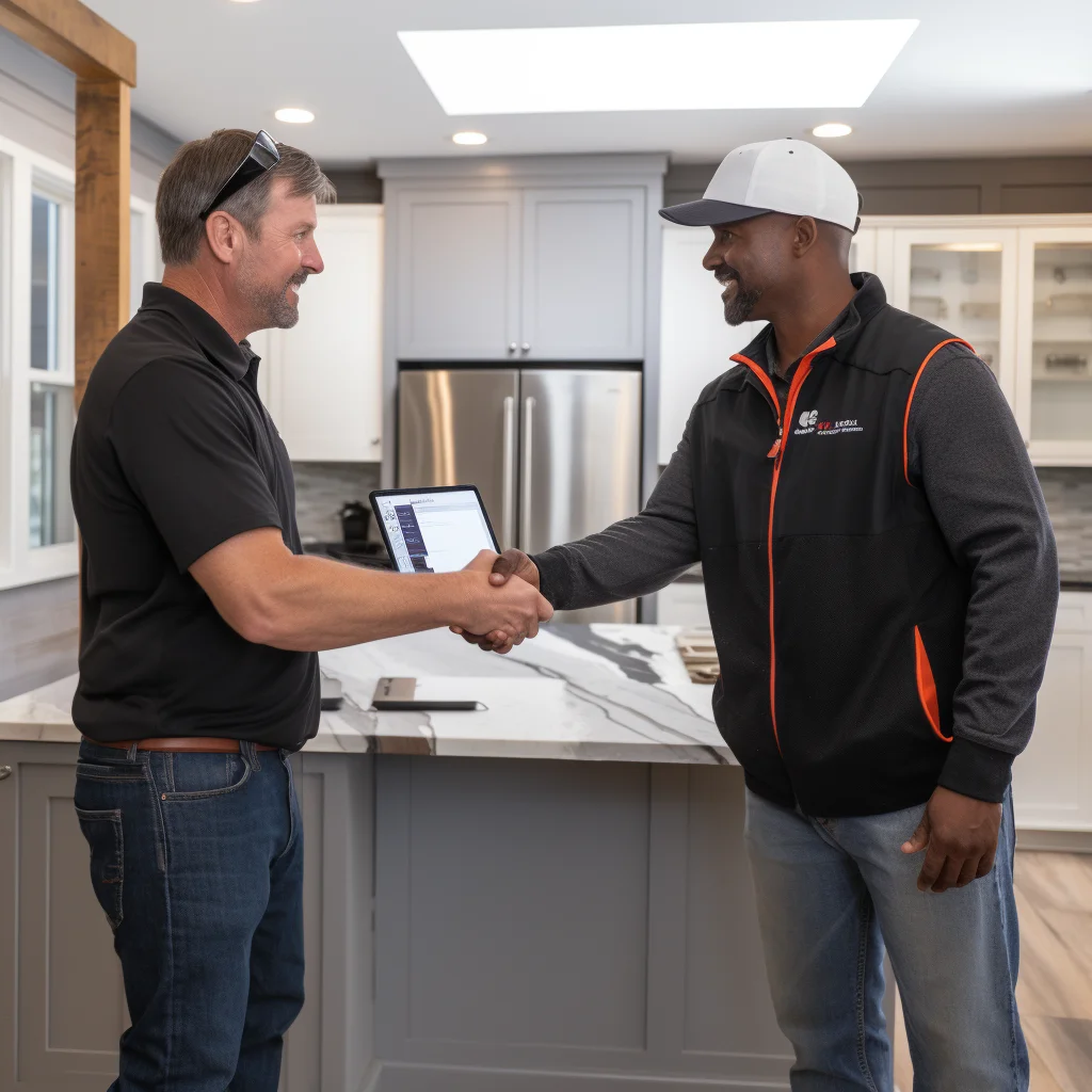 QuikQuote's crm contracting platform featuring contractor and client shaking hands in a kitchen awaiting remodeling, with the contractor holding a tablet displaying.