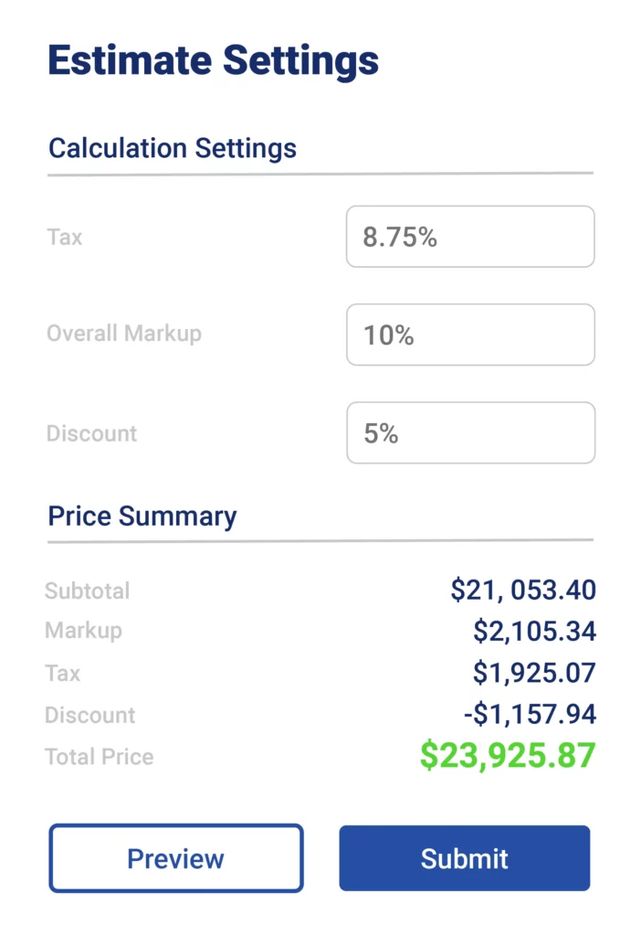 QuikQuote's job costing software settings screen, displaying a detailed breakdown including markup, tax, and total price for project estimation.