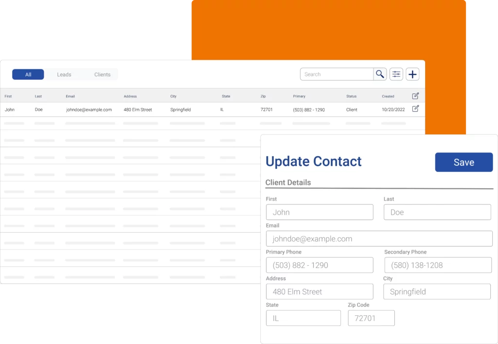CRM contracting platform with a detailed list of clients and prospects, featuring an 'Update Contact' modal for construction professionals.