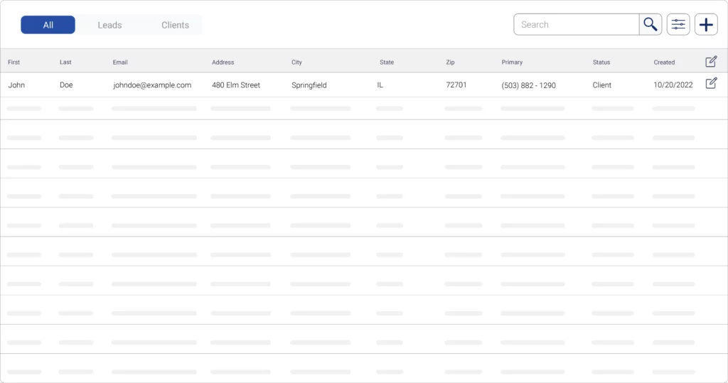 Screenshot of QuikQuote's CRM contracting platform displaying a detailed list of clients and prospects for construction professionals