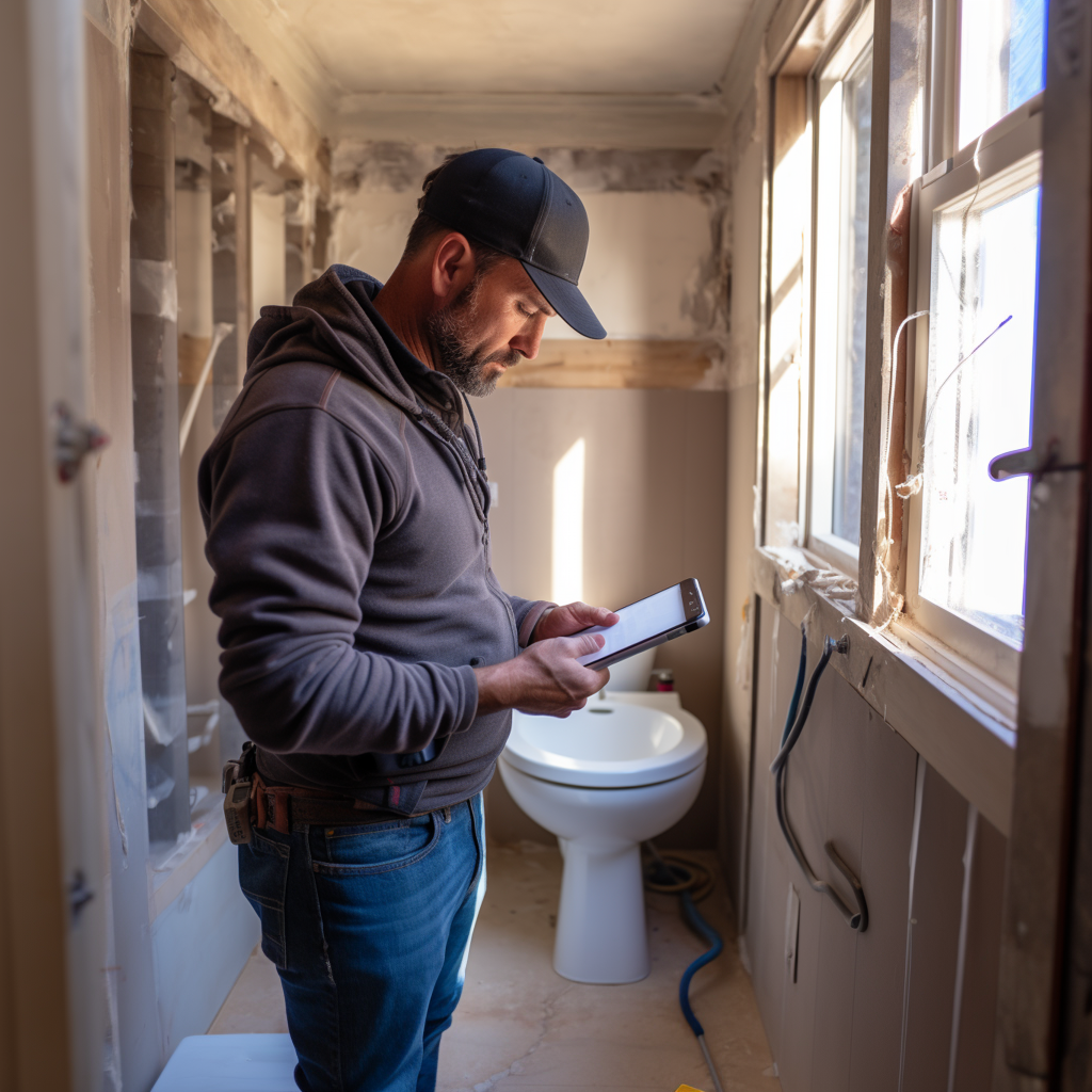 General contractor making notes on an construction estimating software while inspecting an outdated, old bathroom for potential renovations.